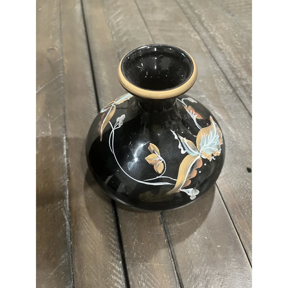 Fenton Autumn On Black Vase‎ Candle Holders Set Console Fall Leaves Hand Painted